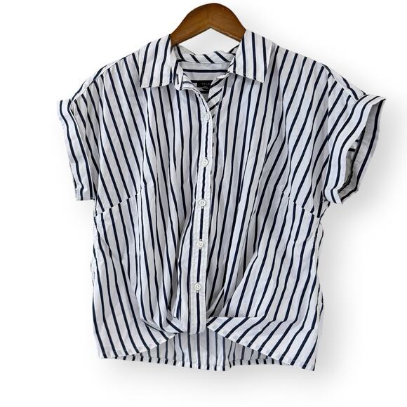 Talbots Twist Hem Shirt Womens Small Nautical Stripe Button Down Dolman Boxy - Picture 2 of 9